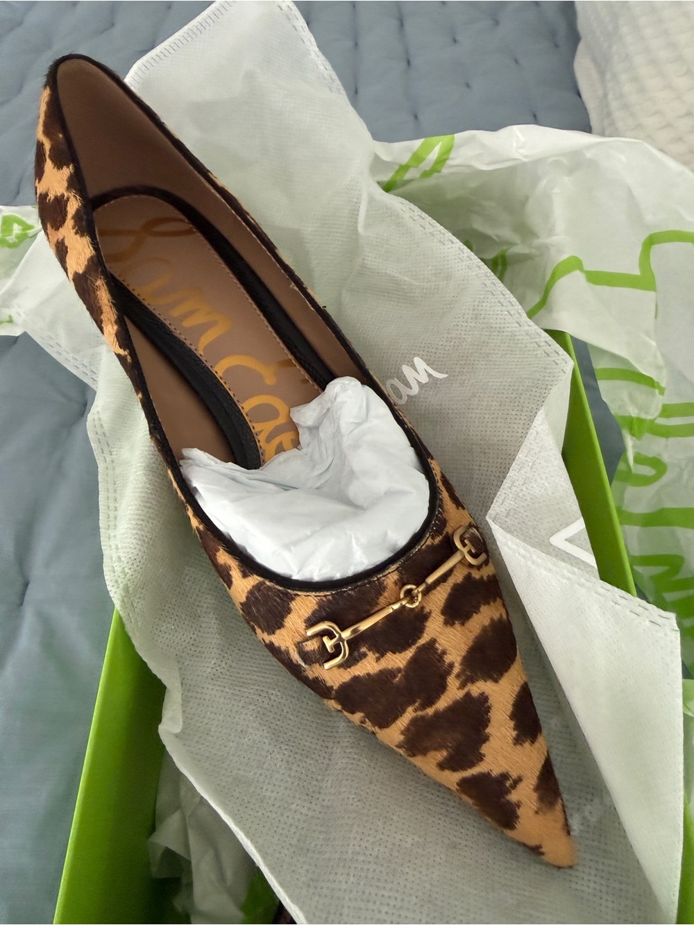 Sam Edelman Leopard-Print Pointed Toe Kitten heel with Gold Accent